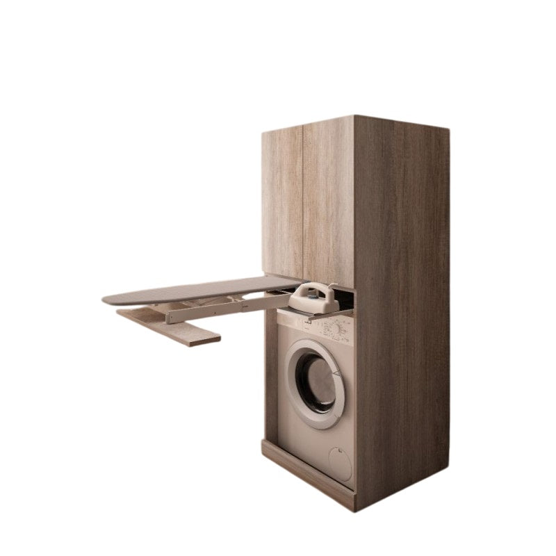 Mobile Lavanderia a Colonna per Lavatrice o Asciugatrice con Asse da Stiro e Ante Superiori 70x70x174A cm in Nobilitato Unika Olmo Bianco