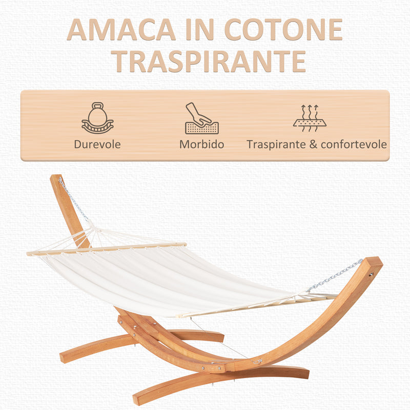 Amaca da Giardino 392x120x102 cm con Supporto in Legno di Pino e Cotone Bianca