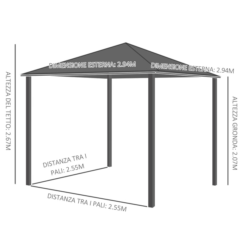 Gazebo da Giardino 2,94x2,94m in Alluminio Caffè