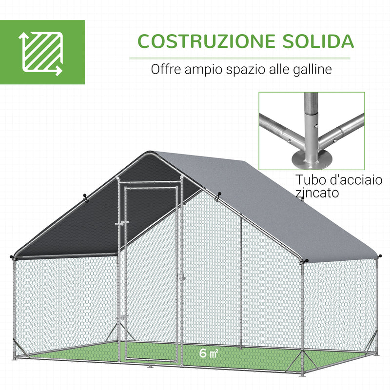 Pollaio Gabbia per Galline da Esterno 3x2x2m Telaio Zincato Argento