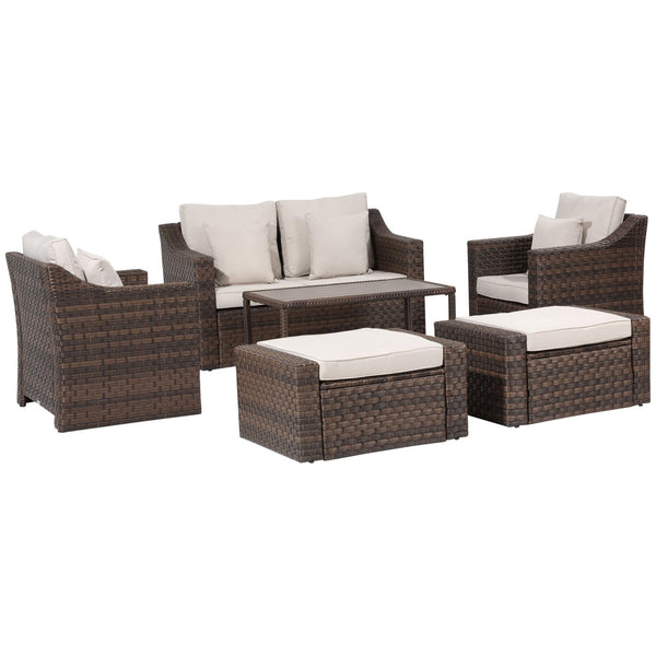 Garden Lounge Set Sofa 2 Sessel Couchtisch und 2 Hocker aus braunem Rattan acquista