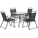Set Tavolo e 4 Sedie da Giardino Pieghevoli in Metallo e Vetro Temperato Nero