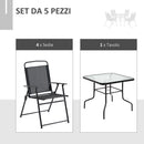 Set Tavolo e 4 Sedie da Giardino Pieghevoli in Metallo e Vetro Temperato Nero