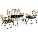 Set Salotto da Giardino Divano 2 Poltrone e Tavolino in Rattan Naturale e Poliestere Nero