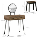 Consolle Trucco con Specchio e Sgabello in Legno e Metallo Color Noce