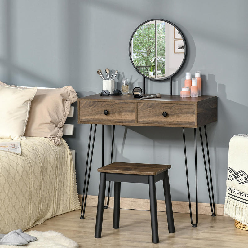 Consolle Trucco con Specchio e Sgabello in Legno e Metallo Color Noce