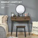 Consolle Trucco con Specchio e Sgabello in Legno e Metallo Color Noce