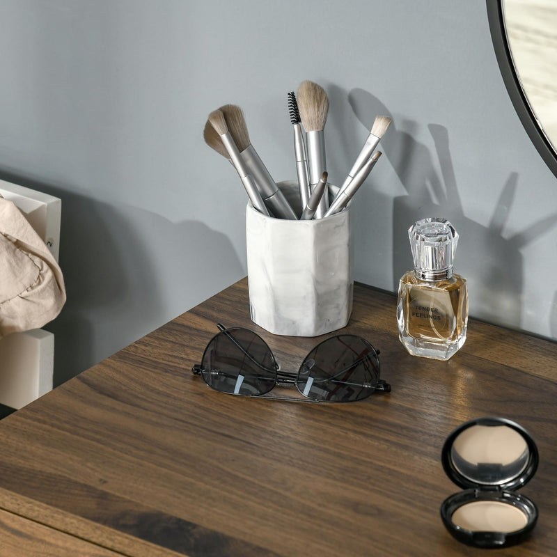 Consolle Trucco con Specchio e Sgabello in Legno e Metallo Color Noce