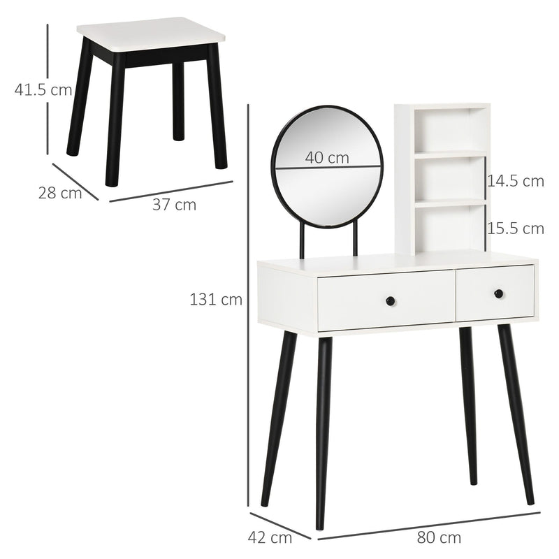 Consolle Trucco con Specchio e Sgabello in Legno Bianco e Nero