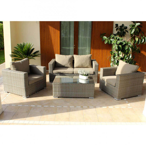 acquista Garden Lounge Set Sofa 2 Sessel und Couchtisch mit Kissen aus braunem Korbgeflecht