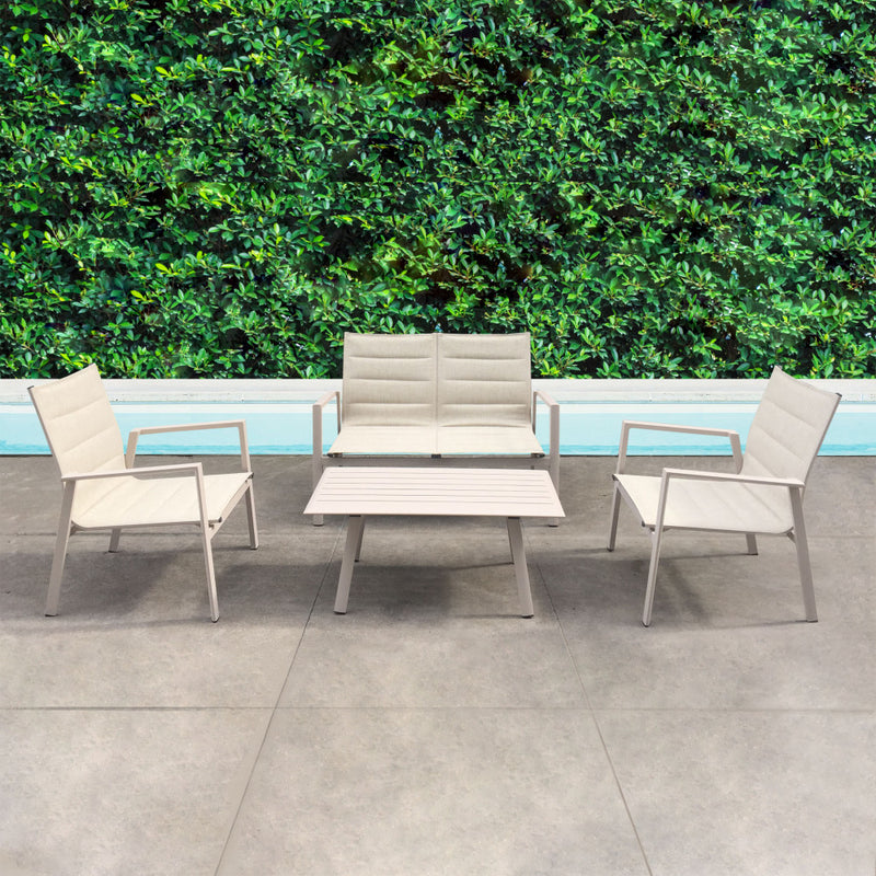 Set Salotto da Giardino Divano 2 Poltrone e Tavolino in Alluminio Tortora