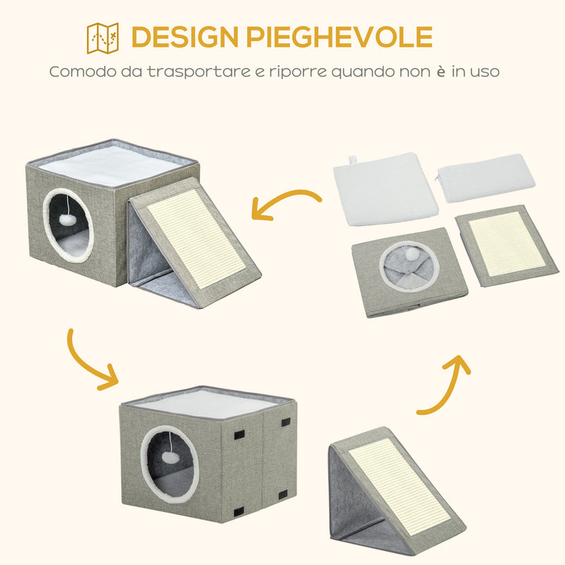 Cuccia per Gatti Pieghevole 73x42x34 cm in MDF e Sisal Grigio e Bianco