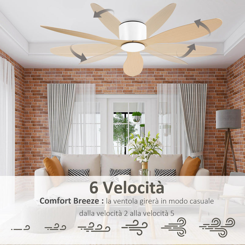 Ventilatore da Soffitto 3 Pale Ø112x25 cm 6 Velocità Legno Naturale e Bianco