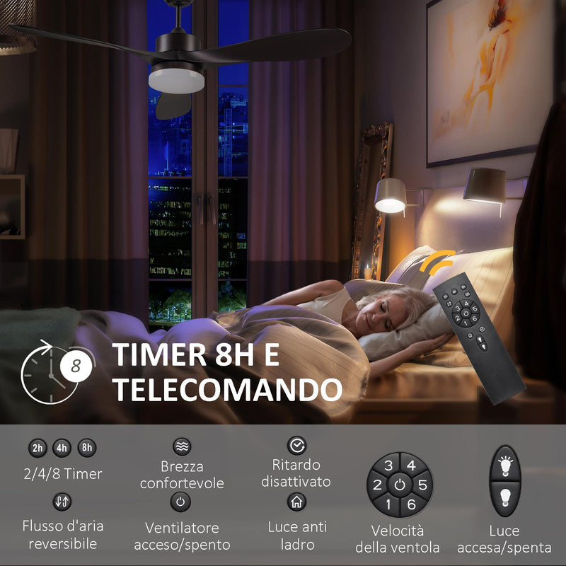 Ventilatore da Soffitto 3 Pale e Lampada LED Ø132x43 cm 6 Velocità Marrone