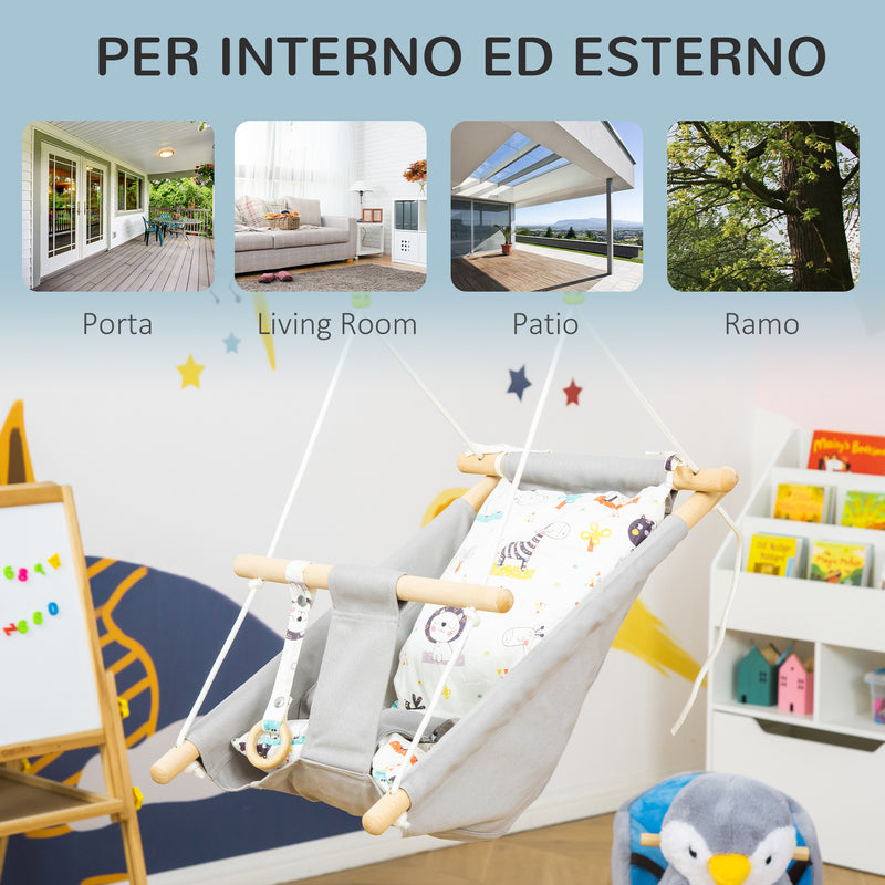Altalena per Bambini 6-36 Mesi 70x45x160 cm in Legno e Cotone Grigio