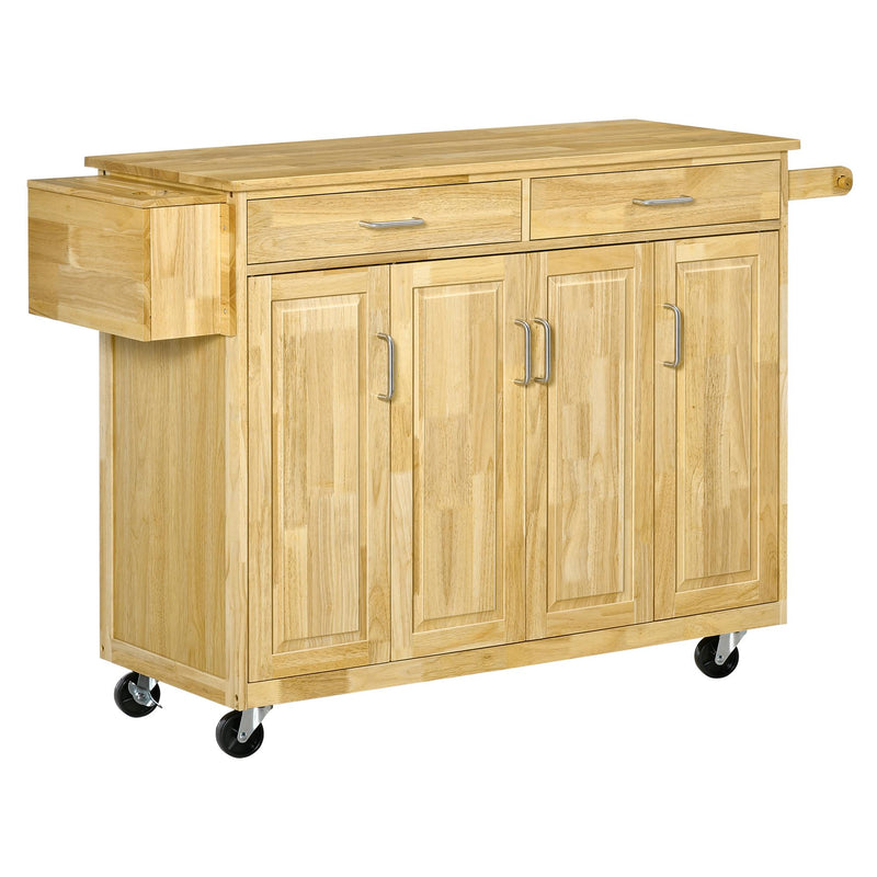 Carrello da Cucina 2 Cassetti 4 Ante 136x47x91,5 cm con Ruote in Legno Naturale