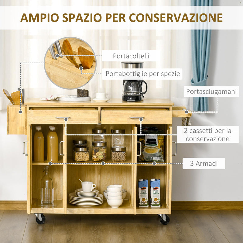 Carrello da Cucina 2 Cassetti 4 Ante 136x47x91,5 cm con Ruote in Legno Naturale