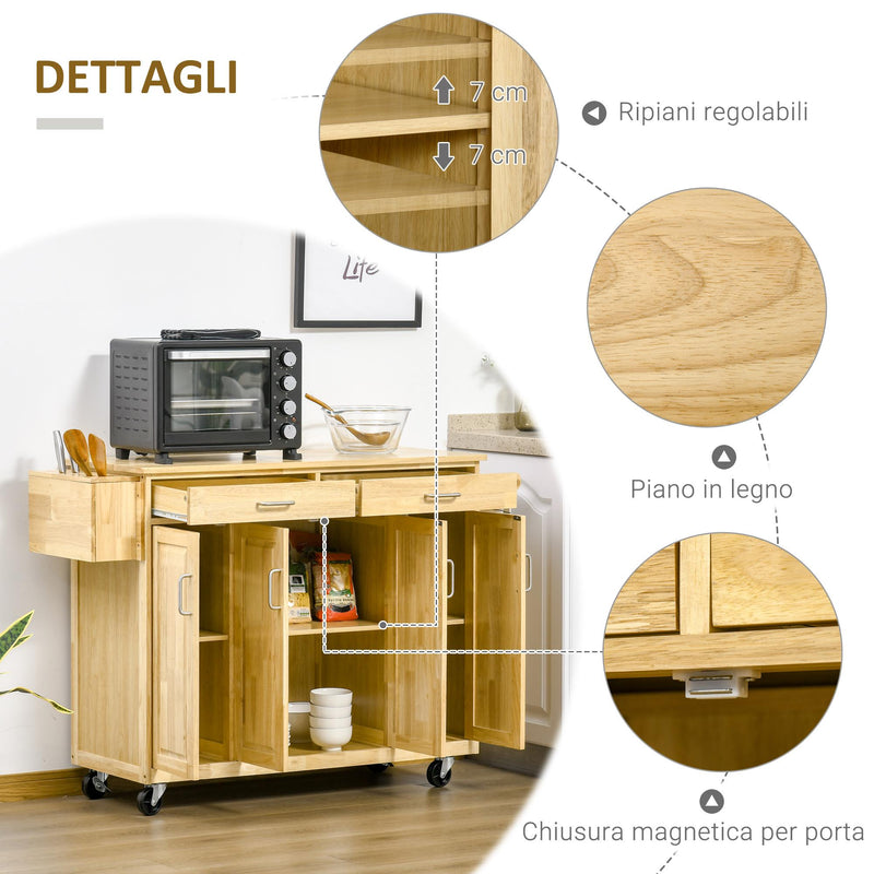 Carrello da Cucina 2 Cassetti 4 Ante 136x47x91,5 cm con Ruote in Legno Naturale