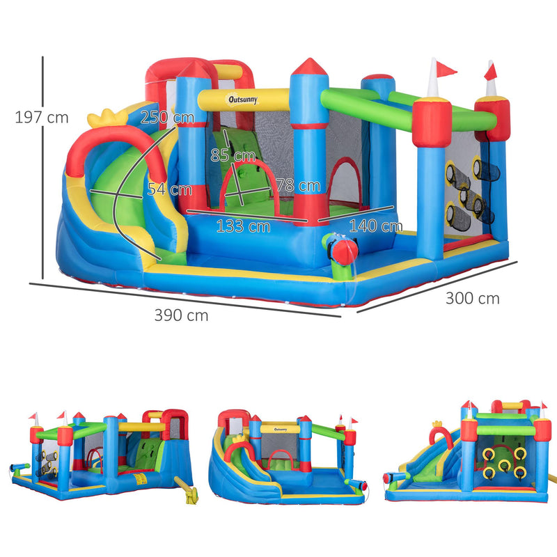 Castello Giostra Gonfiabile 390x300x197 cm con Scivolo Trampolino e Piscina Multicolore