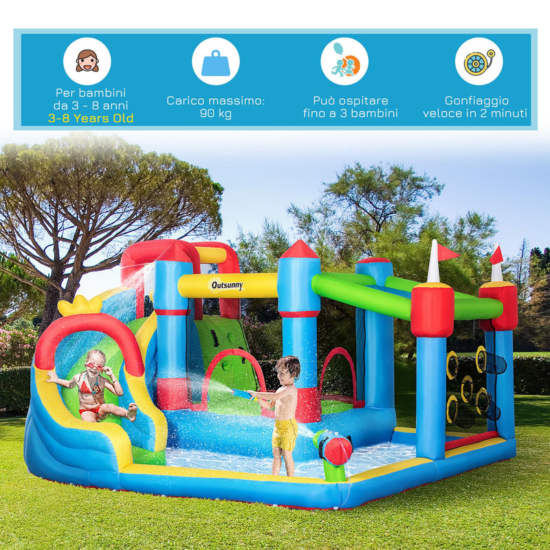 Castello Giostra Gonfiabile 390x300x197 cm con Scivolo Trampolino e Piscina Multicolore