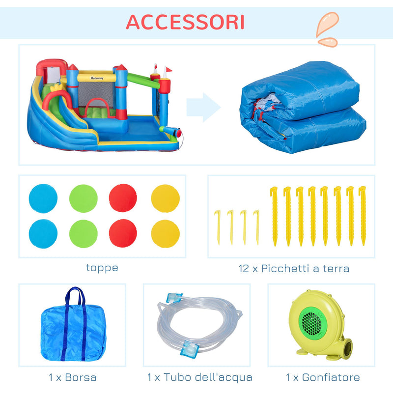 Castello Giostra Gonfiabile 390x300x197 cm con Scivolo Trampolino e Piscina Multicolore
