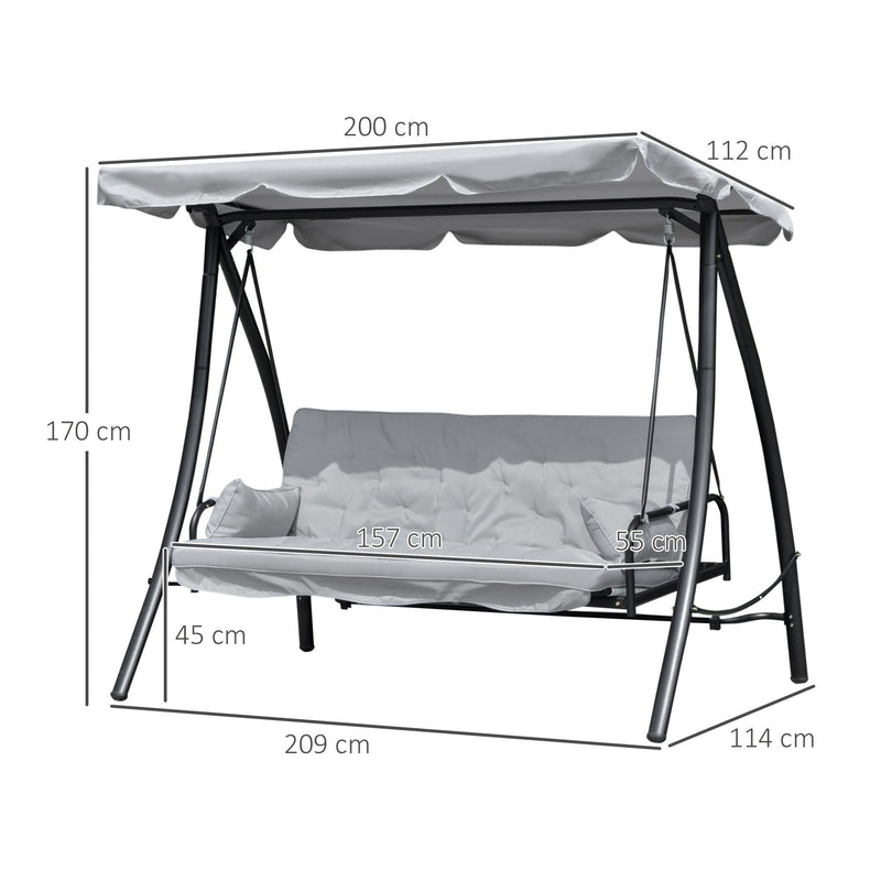 Dondolo Letto 3 Posti da Giardino 209x114x170 cm in Metallo e Poliestere Grigio