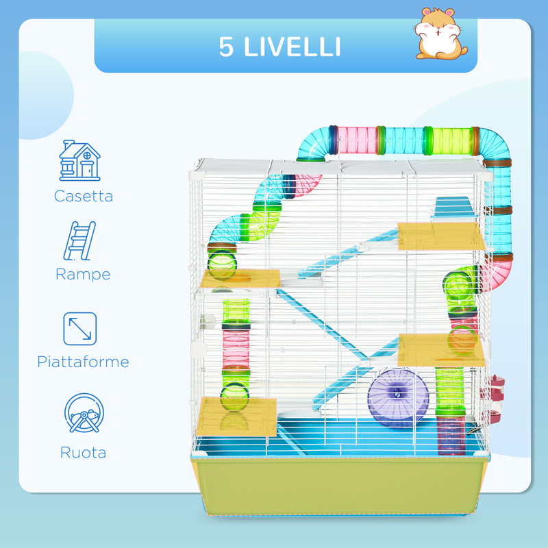 Gabbia per Criceti 5 Livelli 59x36x69 cm con Giochi in Acciaio Azzurro e Bianco