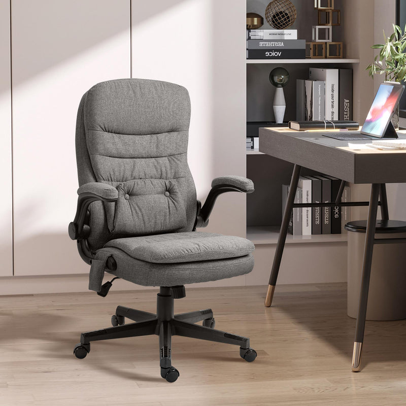 Sedia Poltrona da Ufficio Presidenziale Massaggiante in Tessuto Effetto Lino Grigia