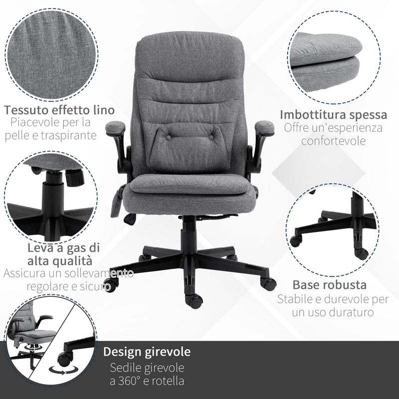 Sedia Poltrona da Ufficio Presidenziale Massaggiante in Tessuto Effetto Lino Grigia