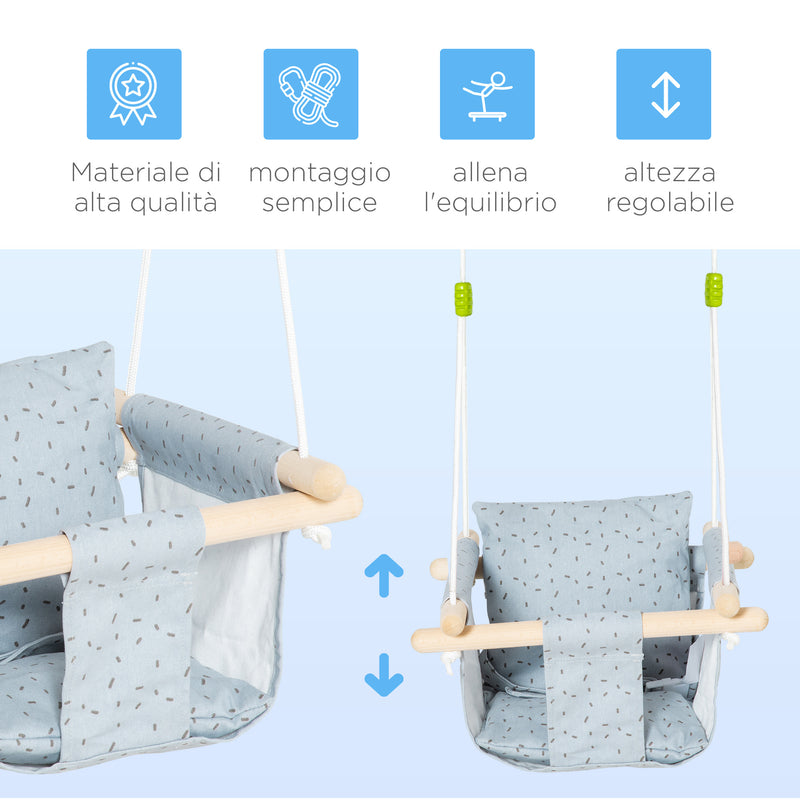 Seggiolino Altalena per Bambini 40x40x180 cm in Legno e Tessuto Grigio