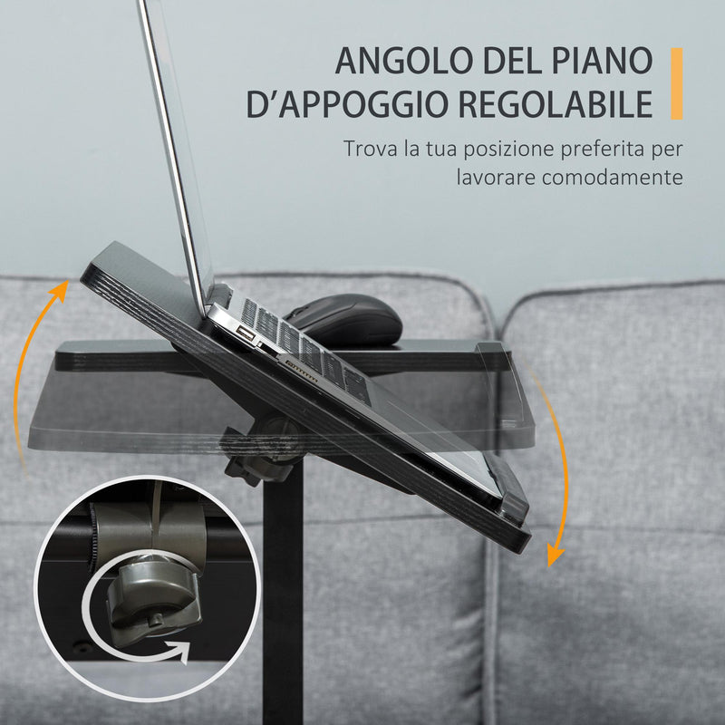 Tavolino Porta PC 58x34x72-90 cm con Ruote in Truciolato e Metallo Nero