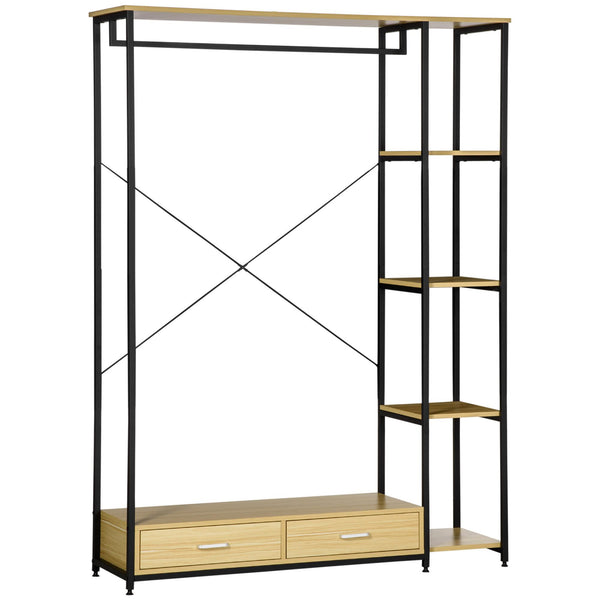 acquista Garderobenständer mit 2 Schubladen 4 Ablagen 130 x 40 x 180 cm in Stahl und schwarzer Spanplatte und Holz