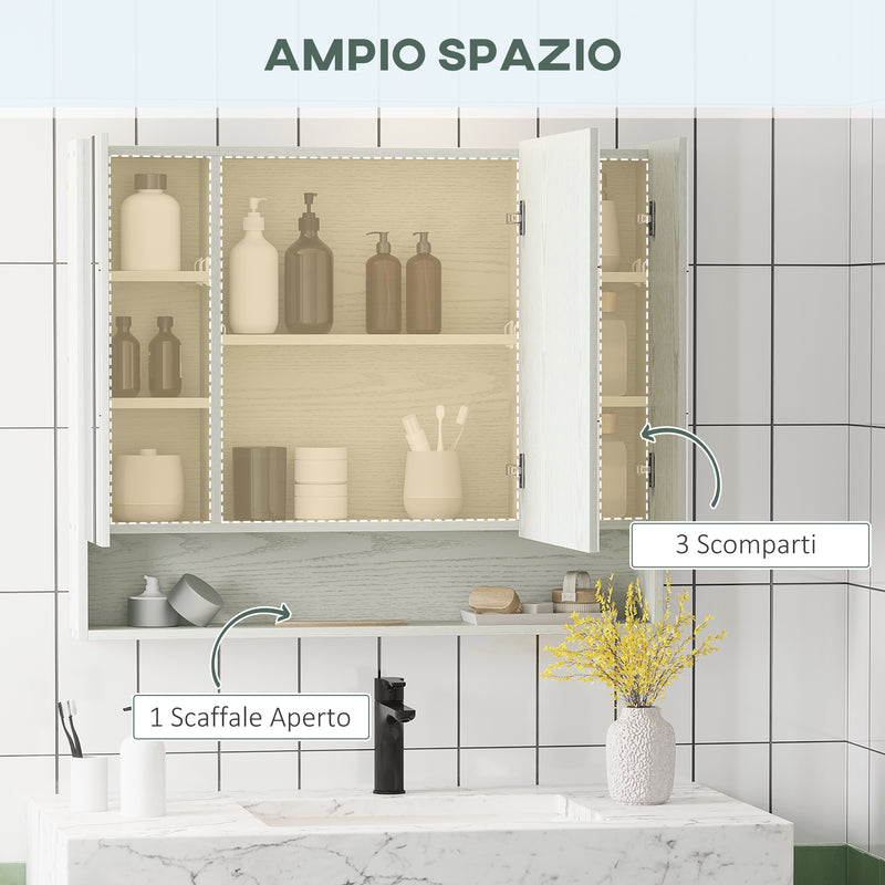 Armadietto a Specchio per Bagno con Ripiani Regolabili 3 Porte e Mensola 90x15x75 cm Bianco