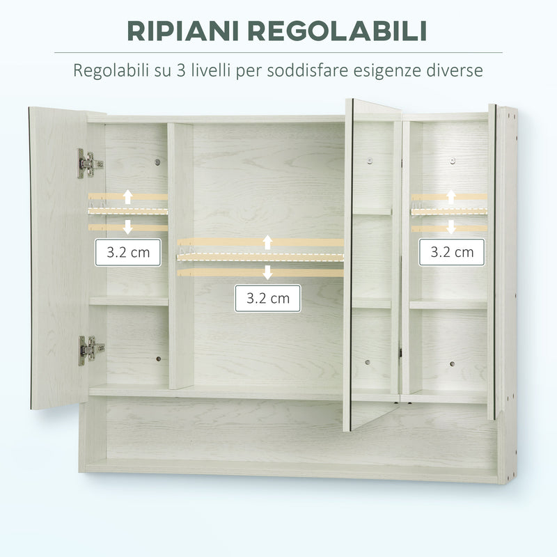 Armadietto a Specchio per Bagno con Ripiani Regolabili 3 Porte e Mensola 90x15x75 cm Bianco