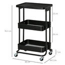 Carrello Portavivande da Cucina 3 Ripiani 46x34,5x76,5 cm con Ruote in Acciaio Nero