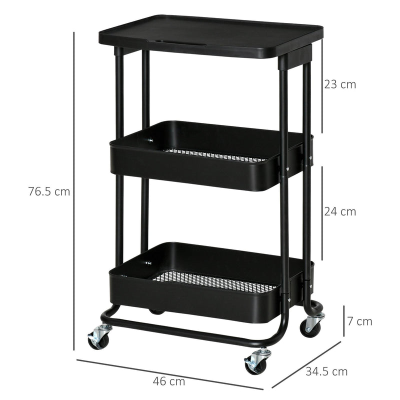 Carrello Portavivande da Cucina 3 Ripiani 46x34,5x76,5 cm con Ruote in Acciaio Nero