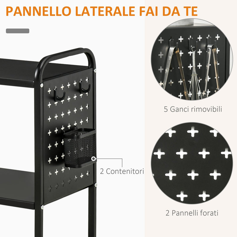 Carrello Portavivande da Cucina 3 Ripiani 70x33,4x80,5 cm con Ruote in Acciaio Nero