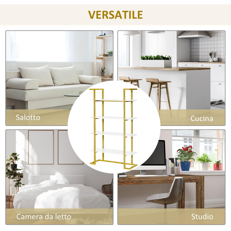 Libreria 4 Ripiani 92x35x152 cm in MDF e Acciaio Bianco e Oro