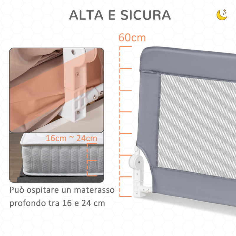 Barriera Letto Anticaduta per Bambini 150x40x60 cm in Acciaio e Tessuto Oxfod Grigio