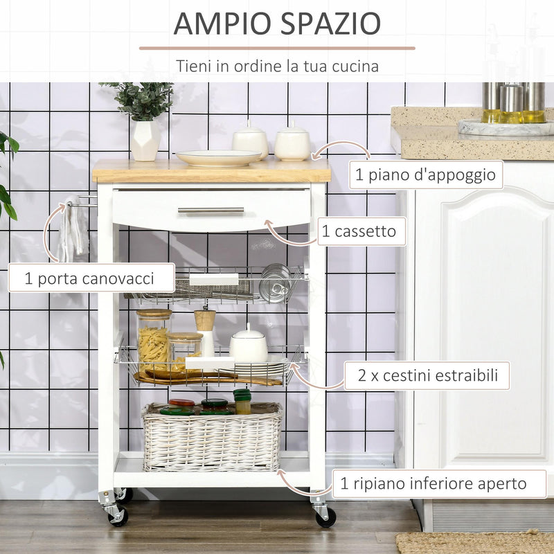 Carrello da Cucina 63x40x86 cm 1 Cassetto 2 Cestini in MDF e Legno Bianco