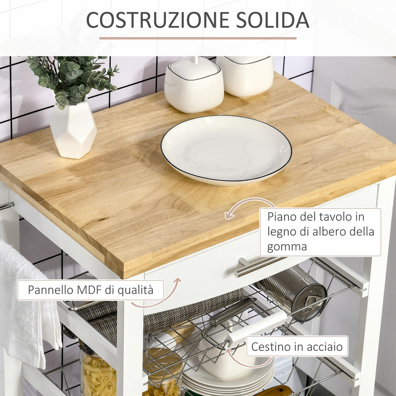 Carrello da Cucina 63x40x86 cm 1 Cassetto 2 Cestini in MDF e Legno Bianco