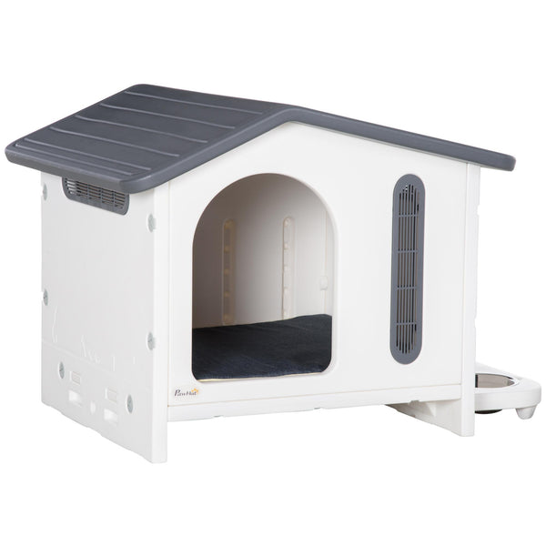 prezzo Hundehütte 70x64x56 cm mit Tablett für Näpfe grau und weiße Fenster