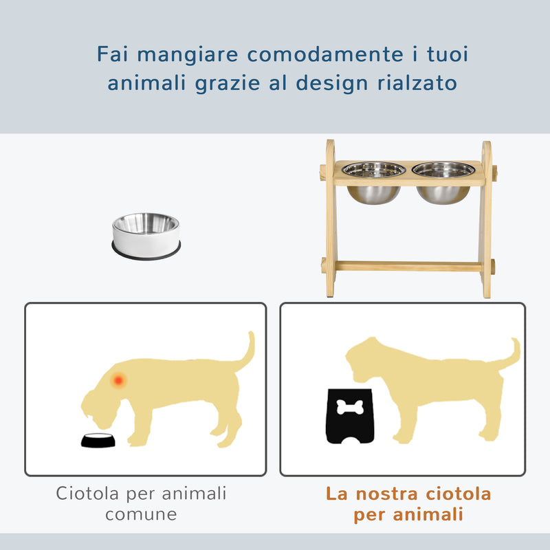 Ciotole per Cani Rialzate 49x25x41 cm in Acciaio e Legno Naturale