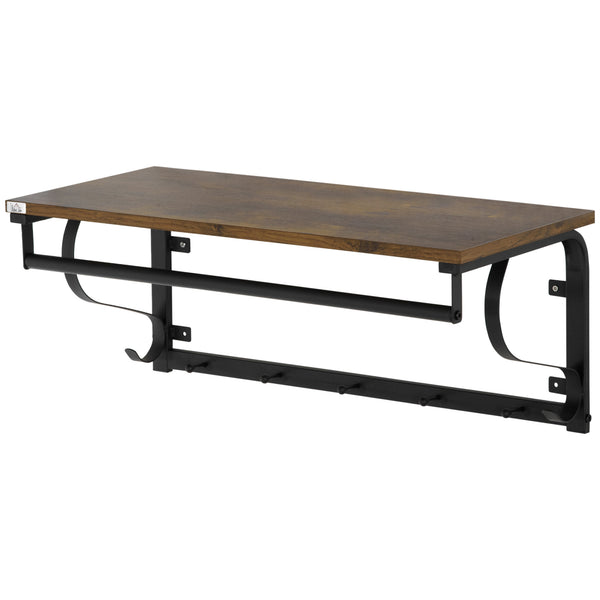 acquista Wandregal 66 x 30 x 27 cm mit 7 Haken und Stange aus Stahl und brauner Spanplatte