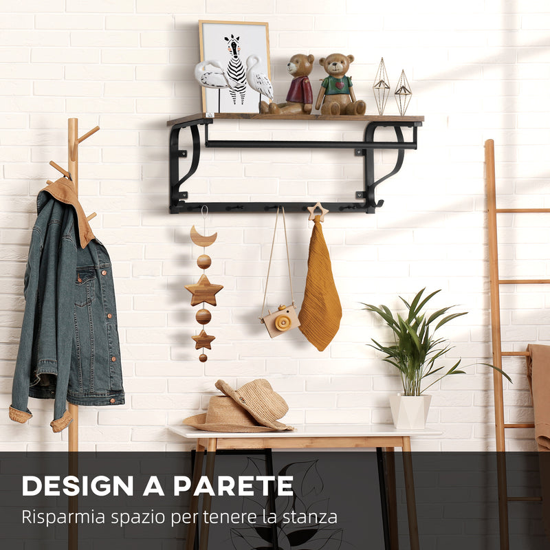 Mensola da Parete 66x30x27 cm con 7 Ganci e Asta in Acciaio e Truciolato Marrone