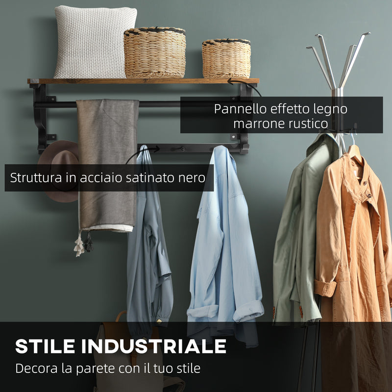 Mensola da Parete 66x30x27 cm con 7 Ganci e Asta in Acciaio e Truciolato Marrone