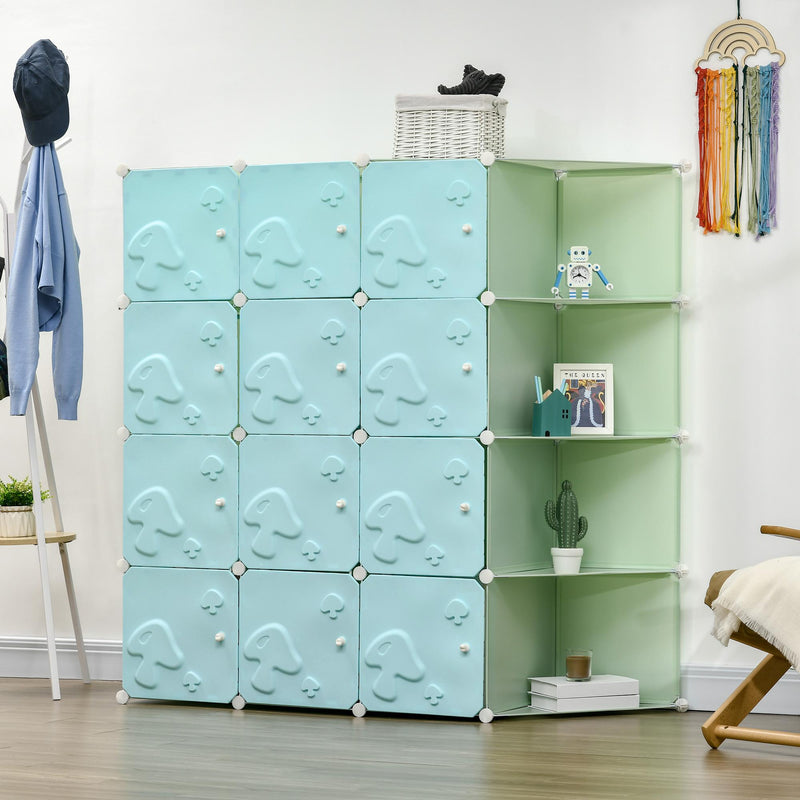 Scarpiera Modulare 145x47x145 cm 16 Cubi in Acciaio Verde e Azzurro