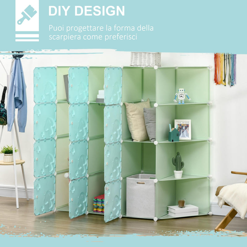 Scarpiera Modulare 145x47x145 cm 16 Cubi in Acciaio Verde e Azzurro