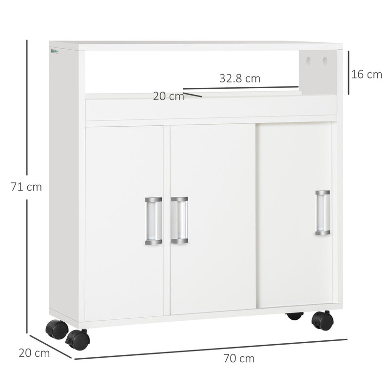 Mobiletto Bagno con Porte Scorrevoli 70x20x71 cm Ripiano Regolabile con Ruote Bianco