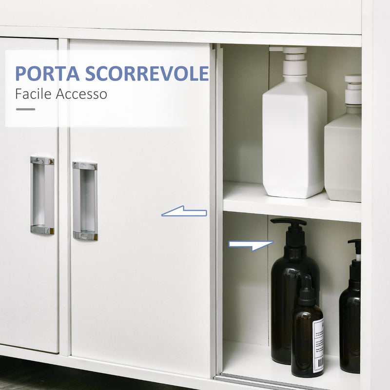Mobiletto Bagno con Porte Scorrevoli 70x20x71 cm Ripiano Regolabile con Ruote Bianco